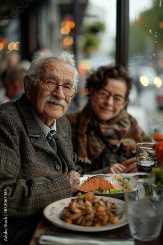 Photo of 2 elderly people looking at the camera in the restaurant with a plate of salmon on the table