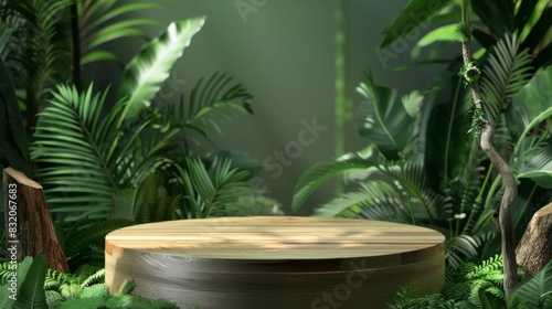 Wooden podium in lush forest setting