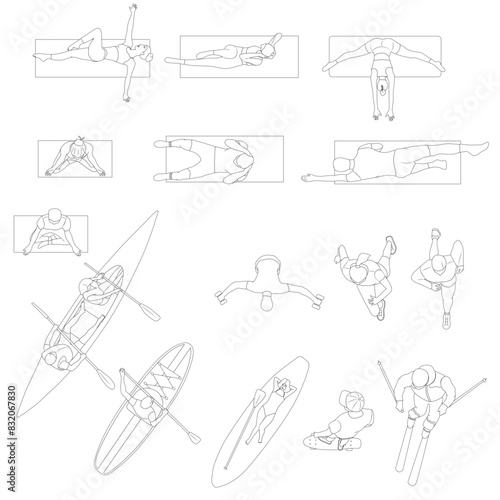 Architectural top view people doing sports. perfect for landscape design and architectural design jobs, yoga, fitness, kayaks with people inside,outdoor activities