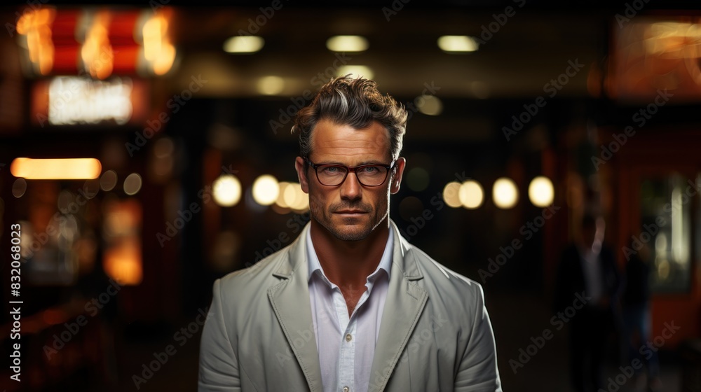 A stylish and handsome man in a smart casual outfit stands against a cityscape with glowing night lights in the background A stylish and handsome man in a smart casual outfit stands against a cityscape with glowing night lights in the background