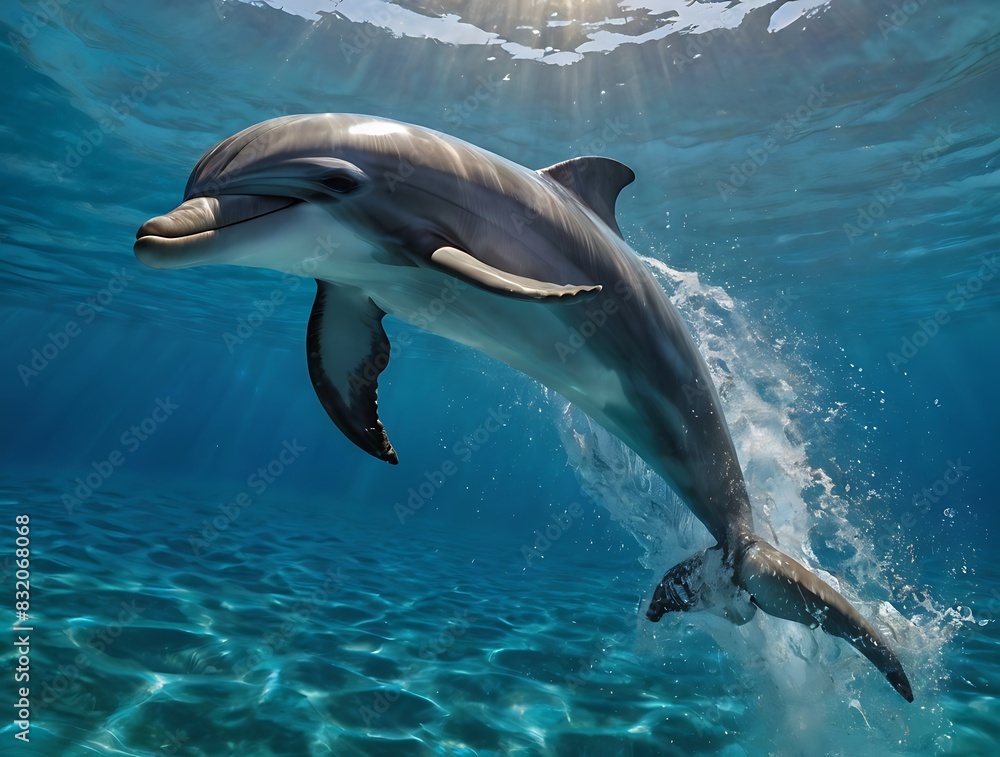 Obraz premium A playful dolphin leaps gracefully out of the crystal-clear turquoise ocean water, surrounded by sunlight and sea spray.
