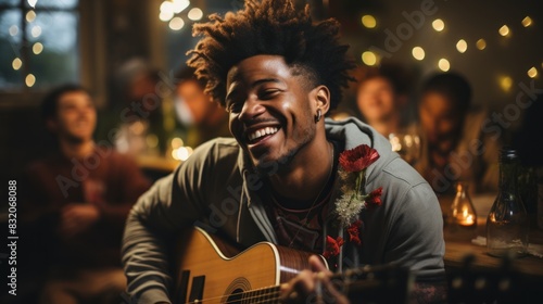 A passionate guitarist performs in a festive ambiance, adorned with a rose and surrounded by warm lights