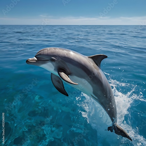 A playful dolphin leaps gracefully out of the crystal-clear turquoise ocean water  surrounded by sunlight and sea spray.