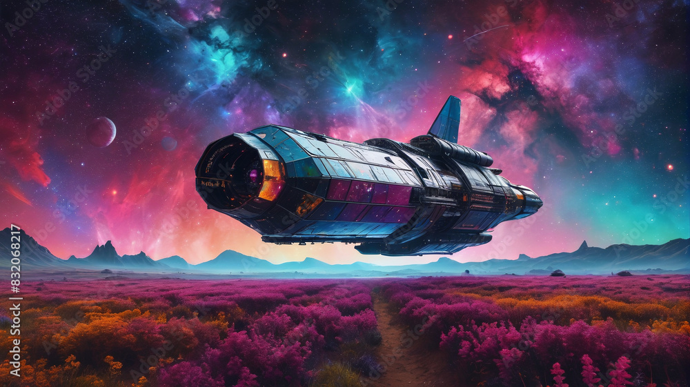 A colossal spaceship navigates through a field of colorful nebulae, its sleek design reflecting the cosmic beauty around it, Generative AI A colossal spaceship navigates through a field of colorful nebulae, its sleek design reflecting the cosmic beauty around it, Generative AI