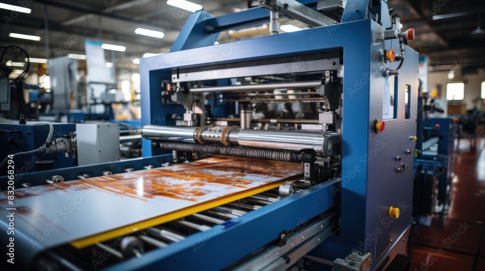Industrial printing press machinery in action, printing sheets with vibrant orange color in a busy manufacturing facility Industrial printing press machinery in action, printing sheets with vibrant orange color in a busy manufacturing facility