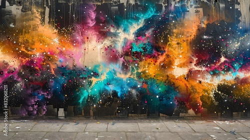 A wall with abstract graffiti art resembling a colorful nebula in space