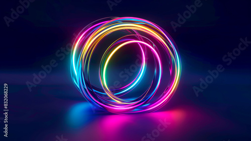 Glowing neon circles with vivid colors creating dynamic design on dark background. Abstract banner poster cover