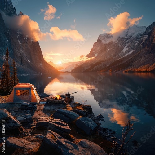 A serene mountain lake at sunset with a tent and campfire on the shore, surrounded by majestic peaks and reflected sky.
