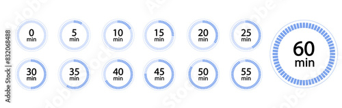 Timer, stopwatch icons set 10 20 30 40 50 60 minutes. Cooking time.