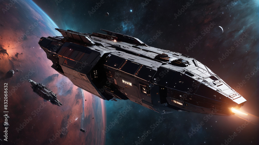 Naklejka premium A sleek reconnaissance ship glides silently through a dark nebula, its sensors attuned to every cosmic anomaly, Generative AI