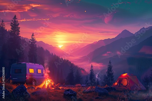 A vibrant sunset over a mountain campsite with a caravan and tent amidst lush trees, creating a serene and picturesque outdoor scene.