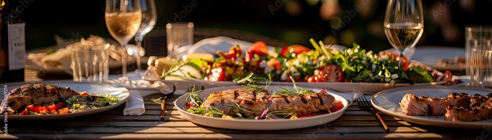 Outdoor dining setup with grilled chicken, fresh salad, and white wine, creating a perfect al fresco connection in a garden setting. Outdoor dining setup with grilled chicken, fresh salad, and white wine, creating a perfect al fresco connection in a garden setting.