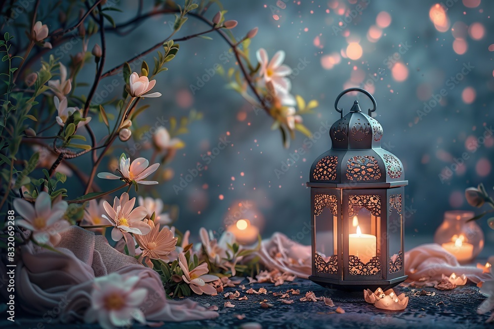 Ramadan wallpaper with decorations and lit lantern Ramadan wallpaper with decorations and lit lantern