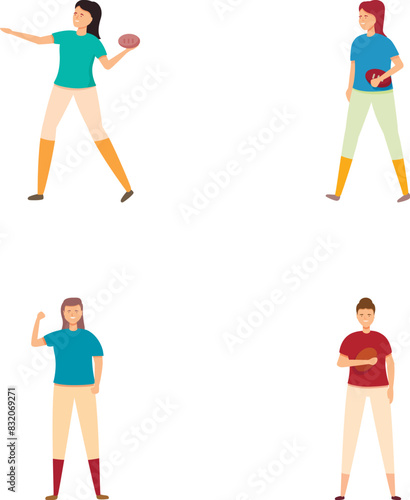 Vector illustrations of four cartoon characters enjoying a game of american football in different poses
