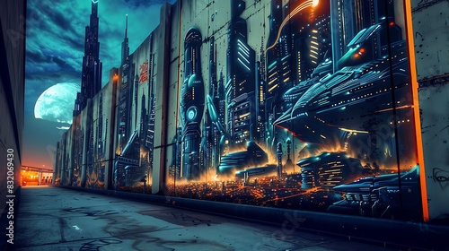 A wall with graffiti art depicting a futuristic cityscape at night