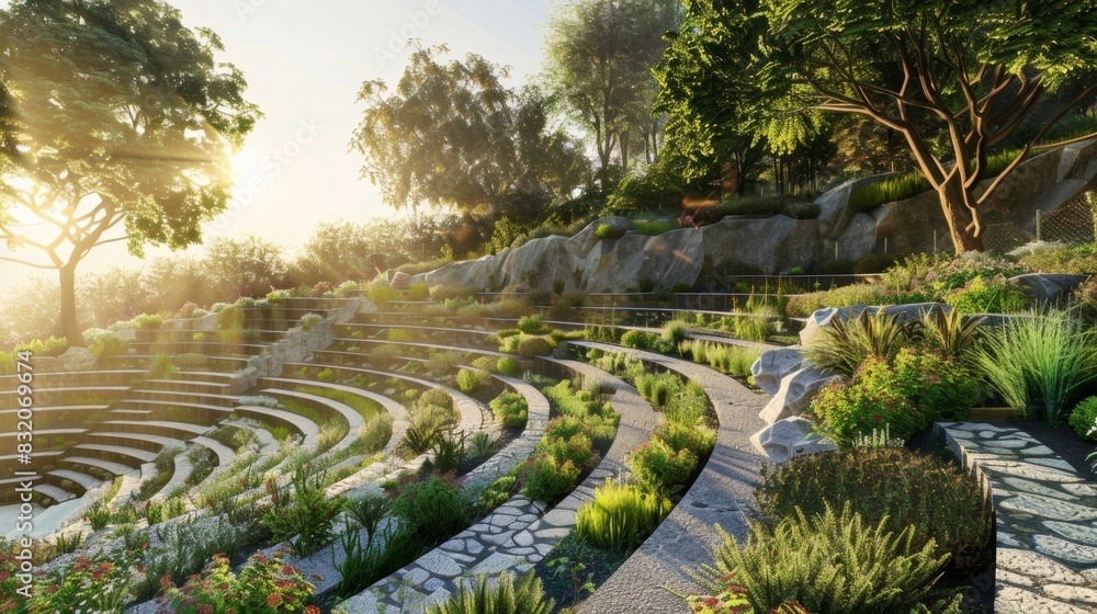 A serene natural landscape transformed into a tingedge virtual reality outdoor amphitheater design. A serene natural landscape transformed into a tingedge virtual reality outdoor amphitheater design.