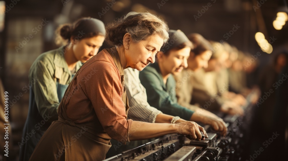 Vintage-style image of female workers focused on production in a factory setting