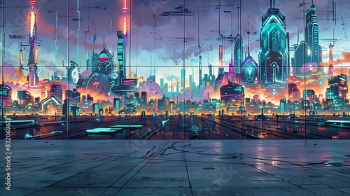 A wall with graffiti art depicting a futuristic cityscape at night