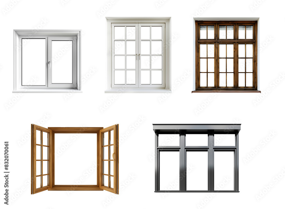 A variety of windows, including some with wooden frames A variety of windows, including some with wooden frames