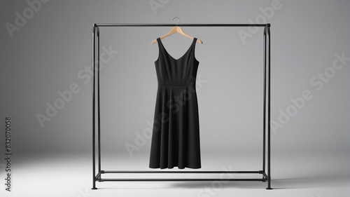 A chic little black dress hanging on a minimalist metal rack, embodying the perfect blend of simplicity and sophistication, Generative AI