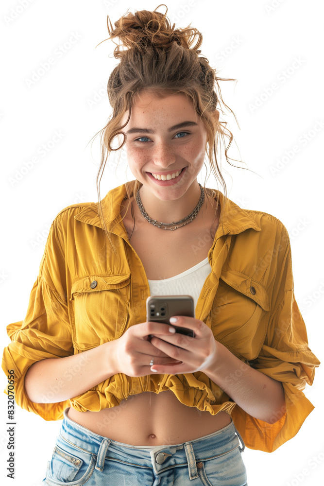 A woman in a yellow shirt is smiling and holding a cell phone A woman in a yellow shirt is smiling and holding a cell phone