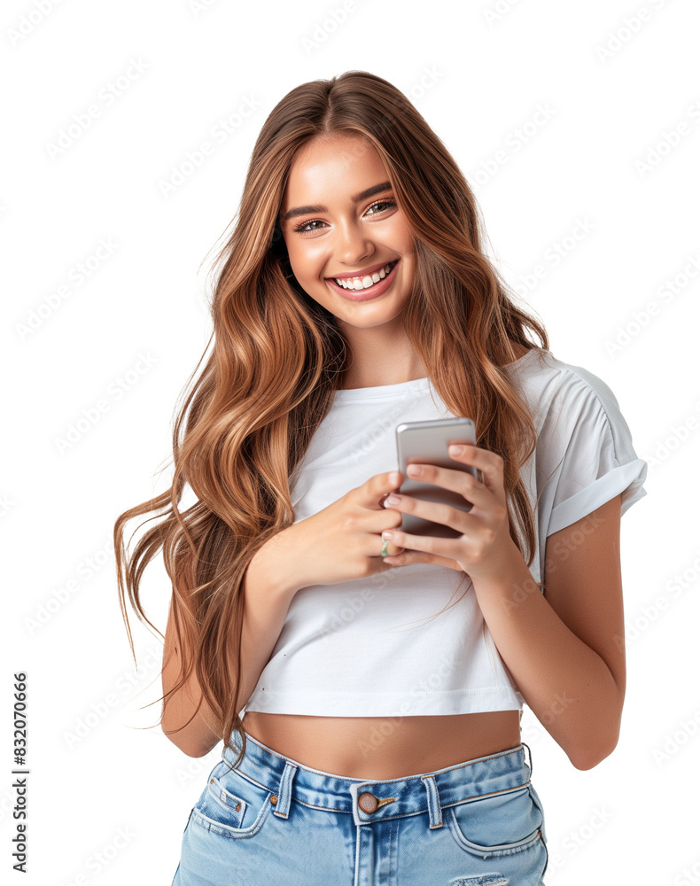 A woman with long brown hair is holding a cell phone and smiling A woman with long brown hair is holding a cell phone and smiling