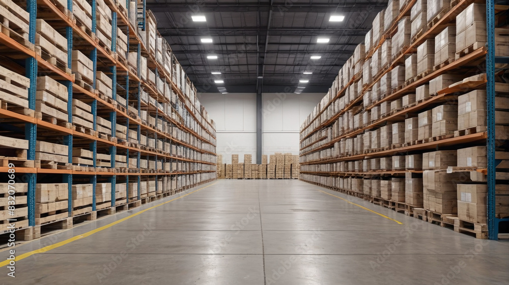 A spacious warehouse interior with rows of pallets stacked high, a bright and clean environment with efficient lighting, Generative AI A spacious warehouse interior with rows of pallets stacked high, a bright and clean environment with efficient lighting, Generative AI