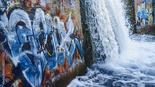 A wall with graffiti art that captures the essence of a cascading waterfall, frothy blues and whites