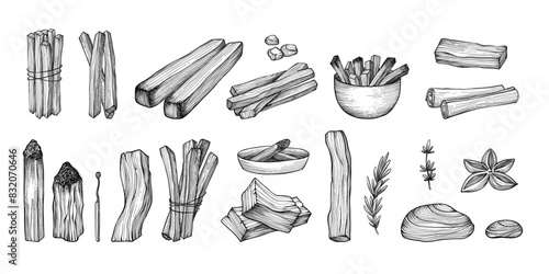 Palo santo sticks. Hand drawn aroma burning stick, ritual elements and sacred symbols for witchcraft, boho aromatherapy wood. Vector collection of aroma, esoteric hand drawn palo santo illustration