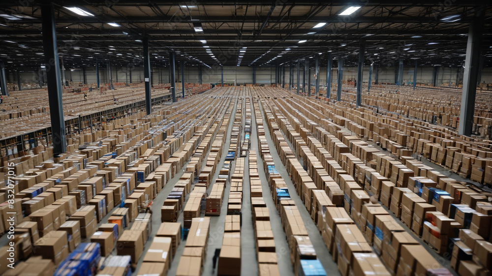 Obraz premium A busy warehouse during peak hours, with workers rapidly picking and packing orders, and carts moving swiftly between aisles, Generative AI