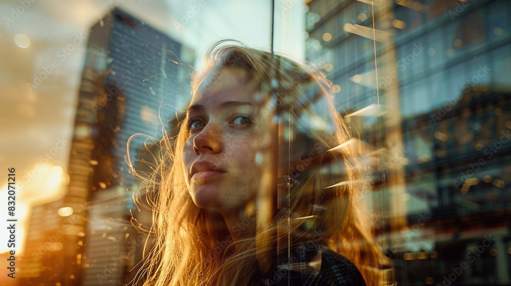 Urban professional in a double exposure portrait, sunlight streams through golden skyscrapers at golden hour, casting a soft glow on her reflection in a glass window Urban professional in a double exposure portrait, sunlight streams through golden skyscrapers at golden hour, casting a soft glow on her reflection in a glass window