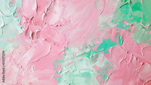 Fototapeta Naklejka Na Ścianę i Meble -  Soothing abstract texture on canvas with soft pink and mint green acrylic smears,