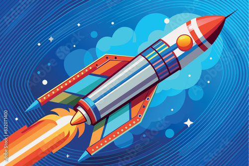 Illustration of a rocket launching. This image might be interesting for topics related to space exploration, astronomy, science fiction or technology.