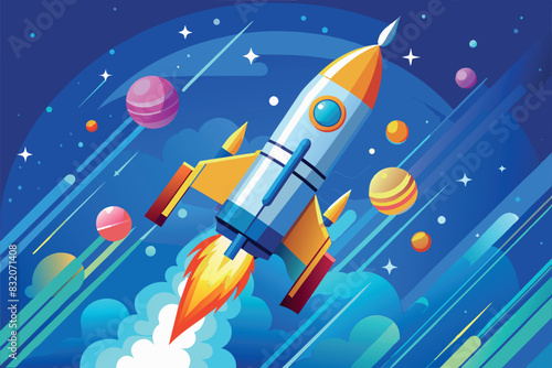 Illustration of a rocket launching. This image might be interesting for topics related to space exploration, astronomy, science fiction or technology.