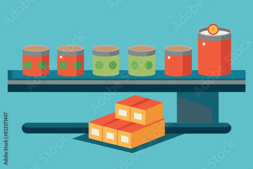 Illustration of a production line in a factory environment. The conveyor belt is filled with cans of food, boxes of different colors and sachets.