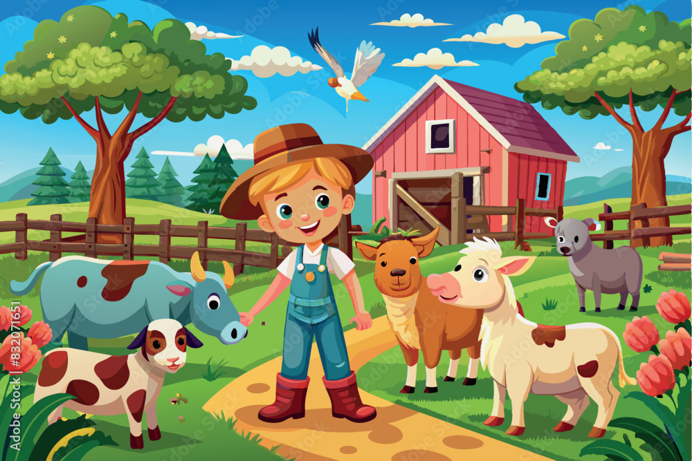 Rural farm in cartoon style. In the center is a child in a hat, overalls and boots. Around are various domestic animals: a spotted cow, goat, sheep or donkey. In the background is a red barn door and Rural farm in cartoon style. In the center is a child in a hat, overalls and boots. Around are various domestic animals: a spotted cow, goat, sheep or donkey. In the background is a red barn door and