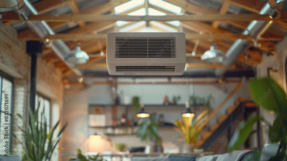 Naklejka premium Interior room with ceiling mounted cassette type air conditioner alongside a modern lamp light on a ceiling. the duct air conditioner suitable for home