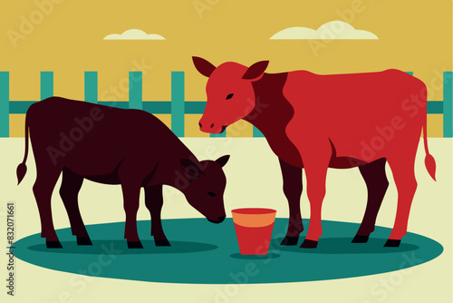cows on a farm. they are of different colors, standing in a pen on grass and eating from individual feeders. Around them is a wooden fence, rolling hills and blue sky with small clouds.