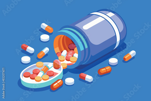 A bottle with pills inverted so that they fall to the surface.  This image can be related to health, medical, pharmaceutical or drug management topics.