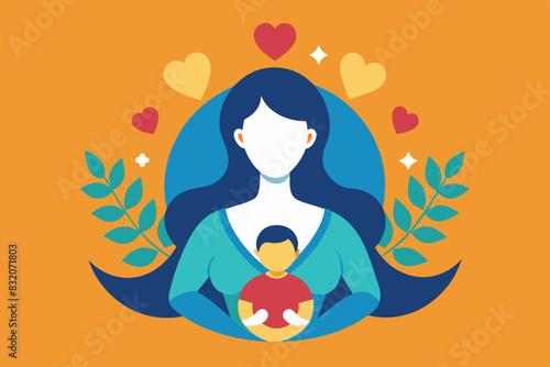 The illustration shows a girl with long hair holding a smaller girl in front of her. The background is decorated with various plants, flowers, stars and decorative elements.