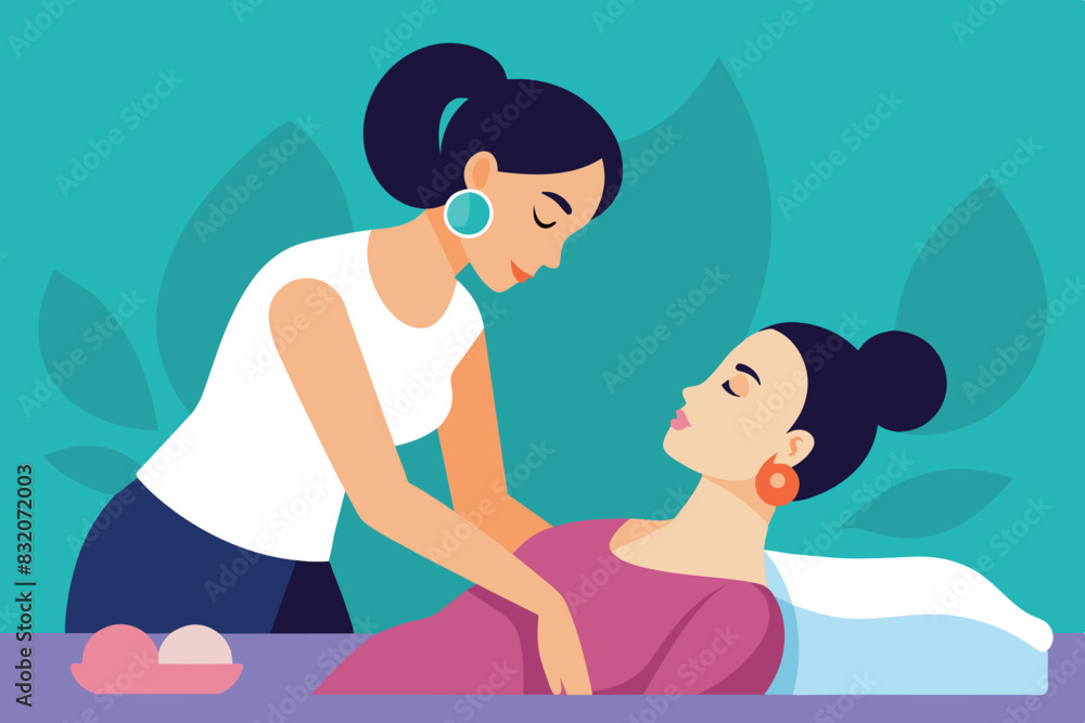 Girls in a beauty salon. One of them, an employee of the salon, is performing some service for another, sitting one. The employee is standing, apparently styling her hair Girls in a beauty salon. One of them, an employee of the salon, is performing some service for another, sitting one. The employee is standing, apparently styling her hair