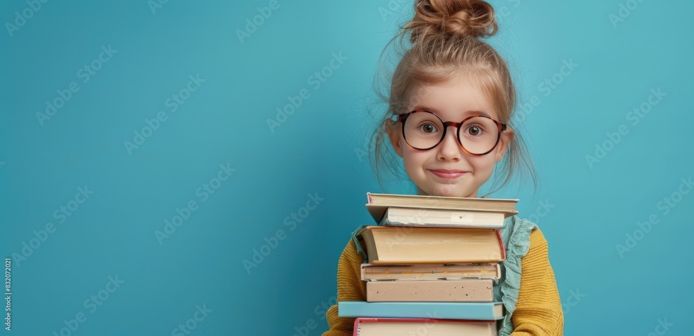 little girl smiling on a blue background, school, back to school, education little girl smiling on a blue background, school, back to school, education