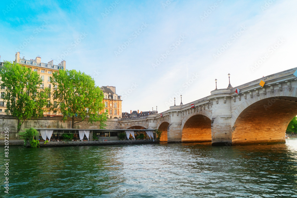 Eiffel Tower and Seine riverbank, low angle view, Paris, France Eiffel Tower and Seine riverbank, low angle view, Paris, France