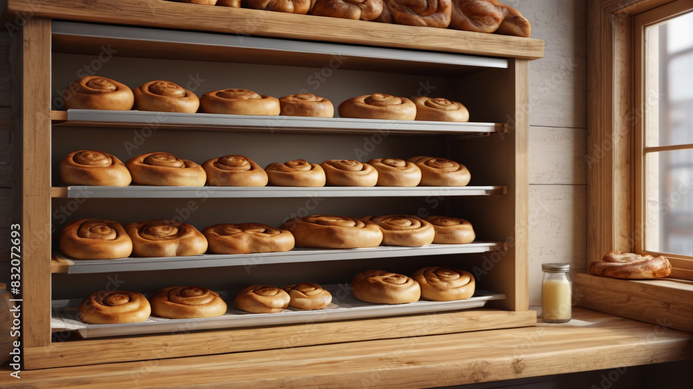 Naklejka premium Rustic bakery with wooden shelves displaying golden-brown bread, fragrant cinnamon rolls, homely atmosphere, Generative AI
