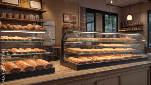 Bakery caf� atmosphere: cozy seating, aroma of freshly brewed coffee, display case filled with sweet and savory treats, Generative AI