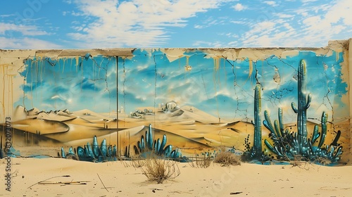 A wall with graffiti art that captures the essence of a desert oasis, cool blues against warm sand tones