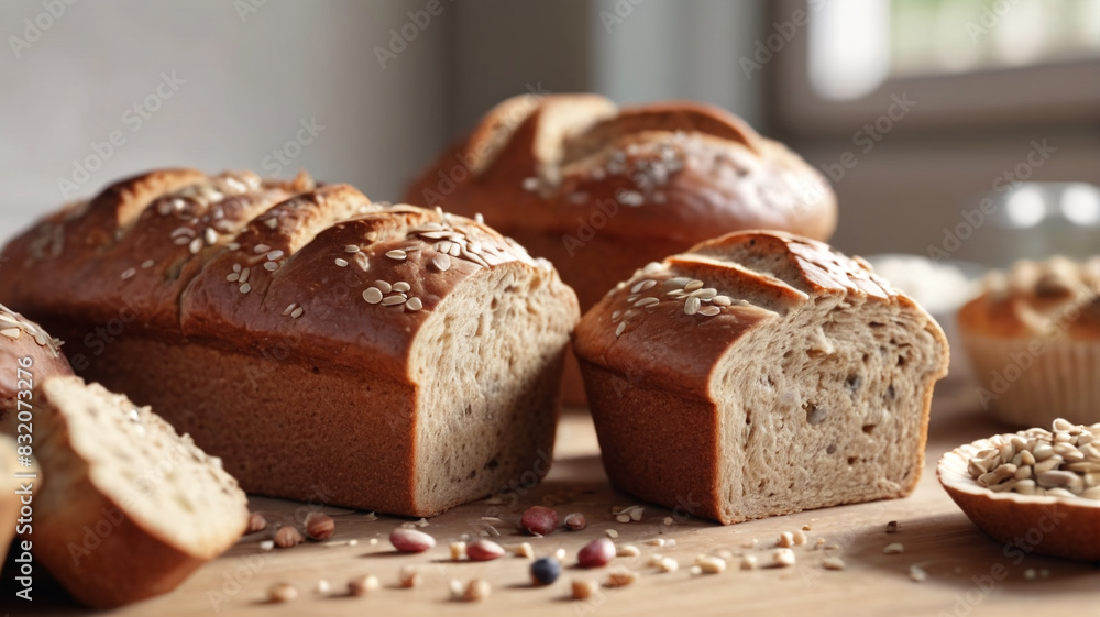 Wholesome bakery scene: whole grain bread, nutritious muffins, farm-fresh ingredients, promoting healthy living, Generative AI Wholesome bakery scene: whole grain bread, nutritious muffins, farm-fresh ingredients, promoting healthy living, Generative AI