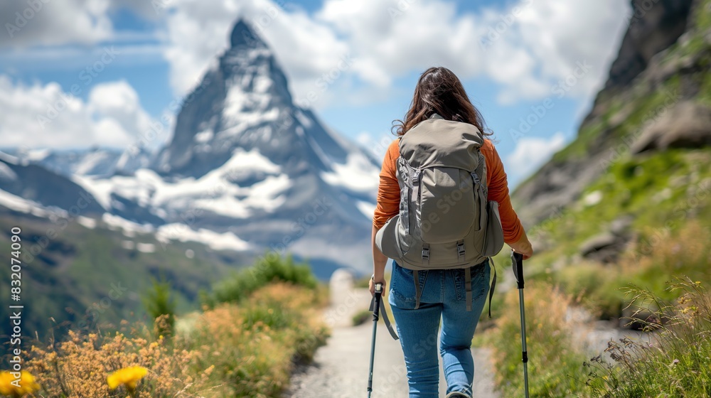 A woman with hiking backpack and walking sticks 