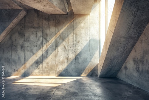 Abstract interior of an old concrete room with sharp geometric shapes  with sunlight shining through.