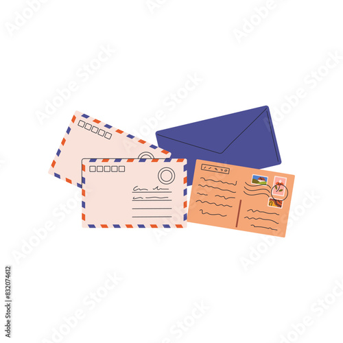 Sealed paper letters. Closed envelopes for air mail. Writing vintage postcard with postage stamp, mark. Packed post cards, postal correspondence. Flat isolated vector illustration on white background